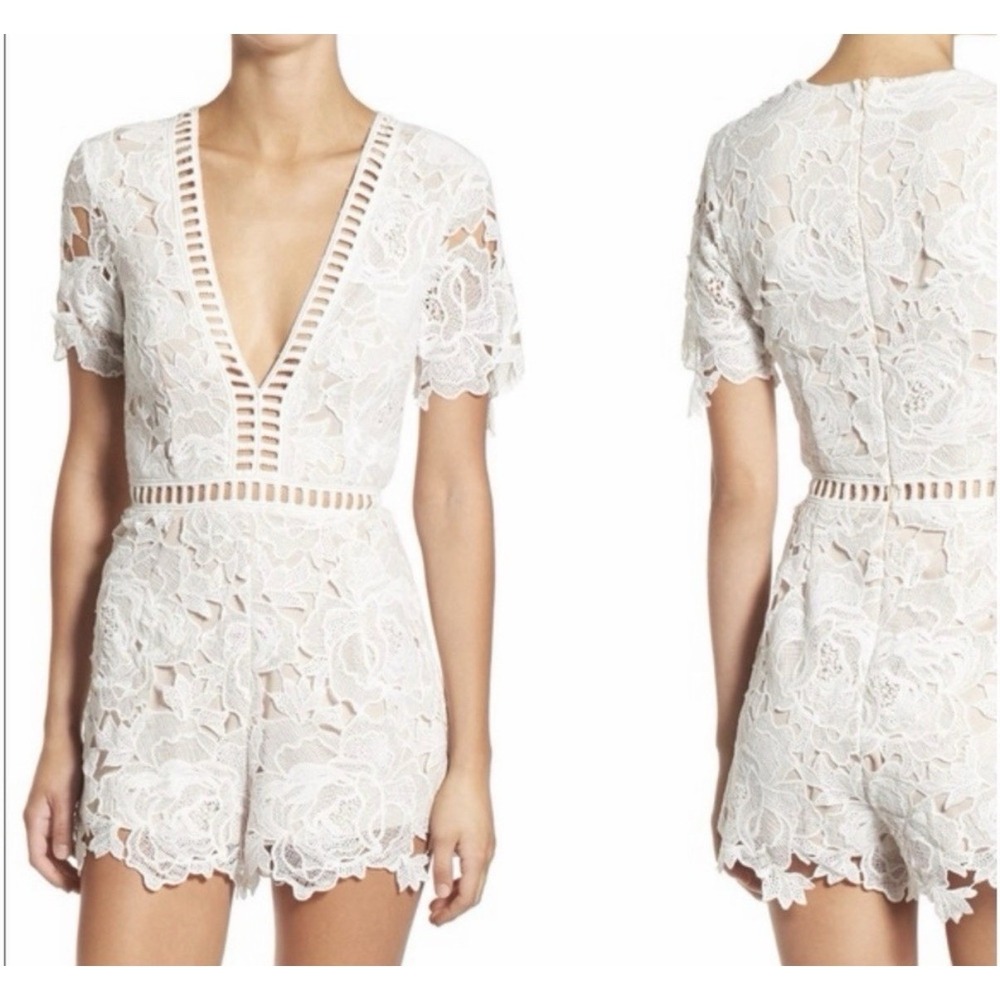 Missguided Womens Lace Romper Playsuit Size 6 White Beige Plunge Ladder Bridal